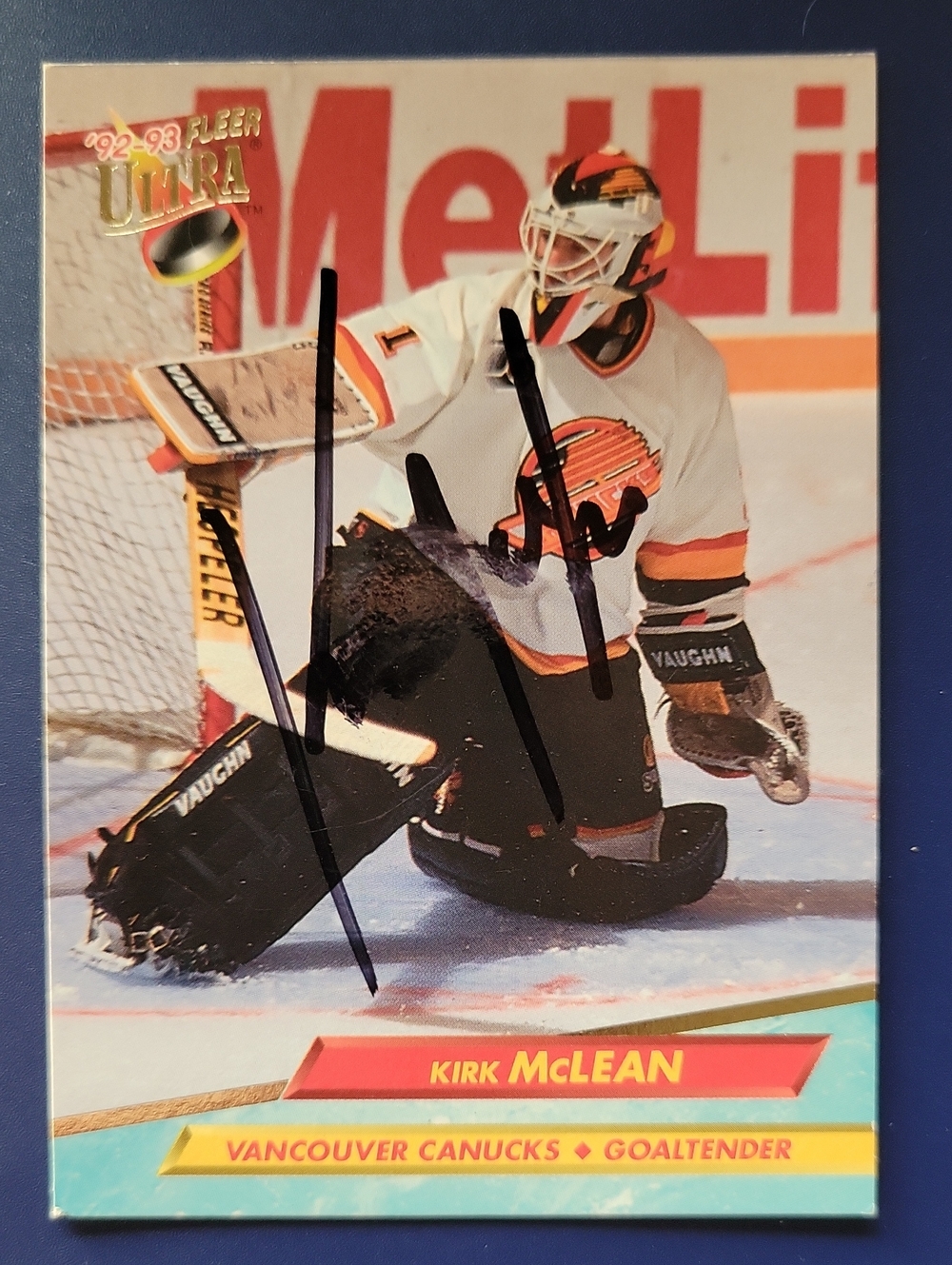 SIGNED 1992-93 Kirk McLean Vancouver Canucks Hockey Card - White/Black/Orange